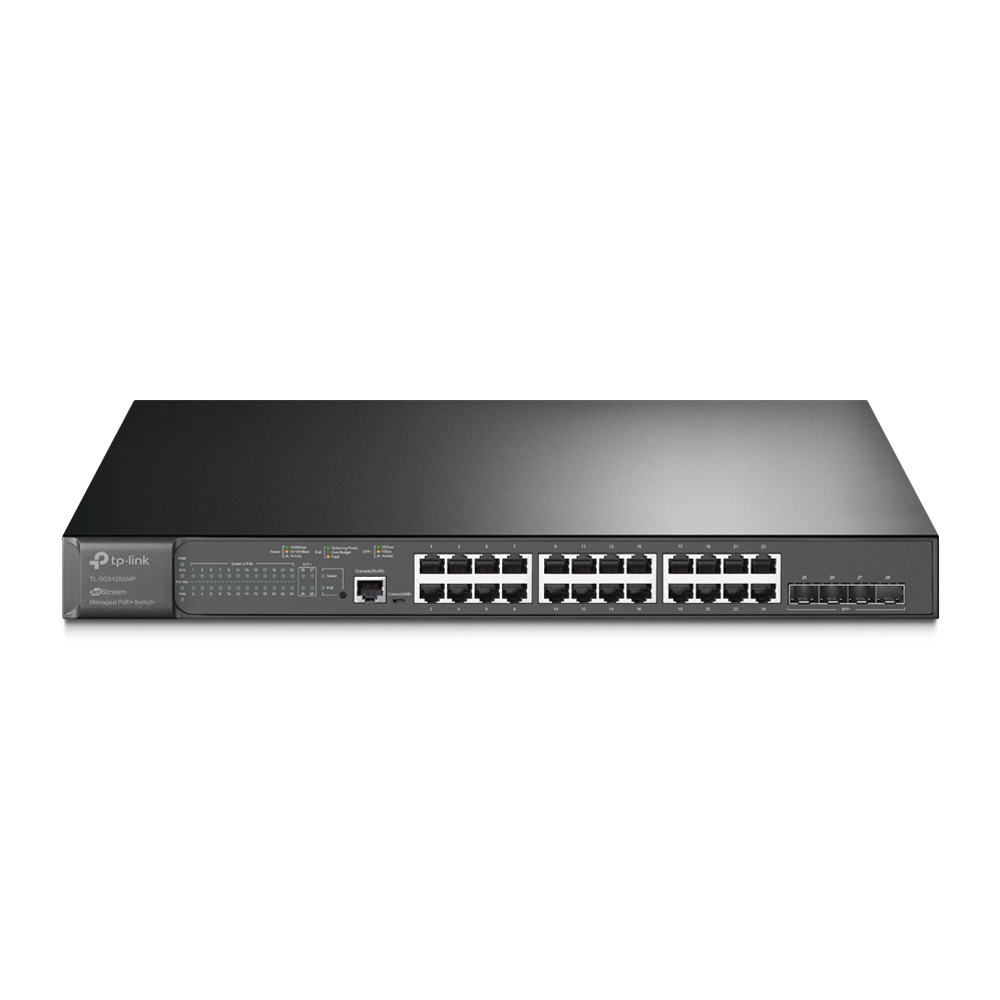TP-Link Switch Full Managed Layer2 28 Port • 24x 1 GbE • 4x SFP • PoE Budget 384 Watt • 24x PoE At • 19” • Omada • SG3428XMP