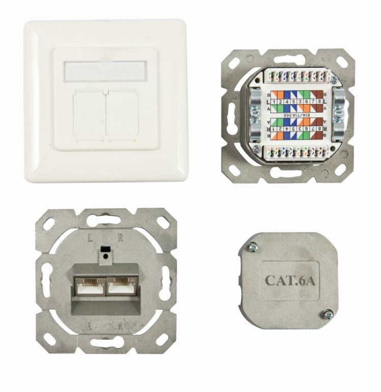 Dosen TP, UP, 2-fach, CAT6A, 500Mhz, Reinweiss, LSA, Synergy 21, waagrechter hinterer Kabeleingang Dosen TP, UP, 2-fach, CAT6A, 500Mhz, Reinweiss, LSA, Synergy 21, waagrechter hinterer Kabeleingang