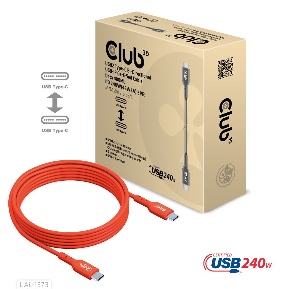 Kabel USB 2.0 C (St) => C (St)  2,0m *Club 3D* 240W Kabel USB 2.0 C (St) => C (St)  2,0m *Club 3D* 240W