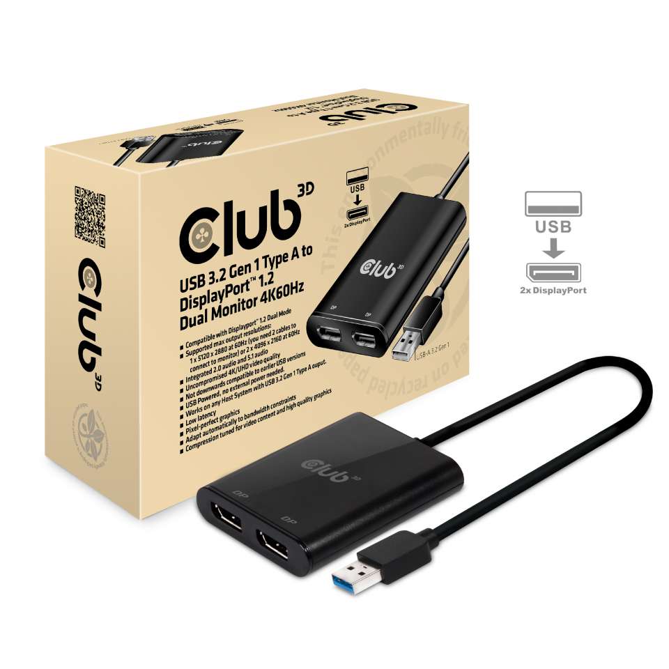 Adapter USB-A 3.1 => DisplayPort 1.2 *Club3D* Dual Monitor 4K60Hz