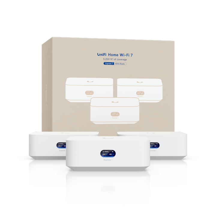 Ubiquiti Express 7 • UniFi OS Console • 2.3 Gbps IDS/IPS • 1x 10 GbE • 1x 2,5 GbE • 30+ Devices • WIFI7 • BE10600 • 3er Pack • UX7-3