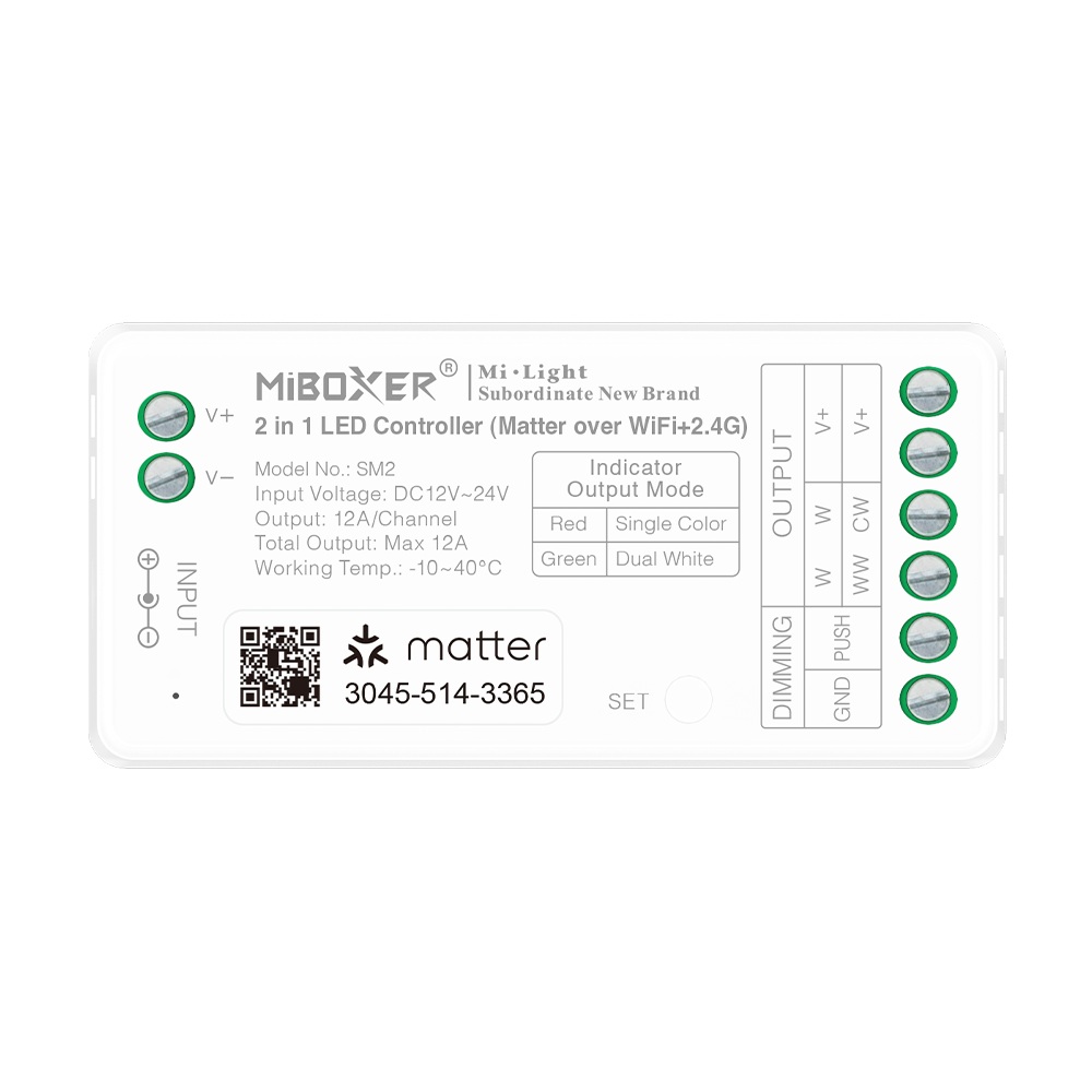 LED Controller Matter-Serie 2in1 Single Colour/Dual White (CCT) Dim DC12/24V Matter Over WiFi 2.4GHz Milight/Miboxer