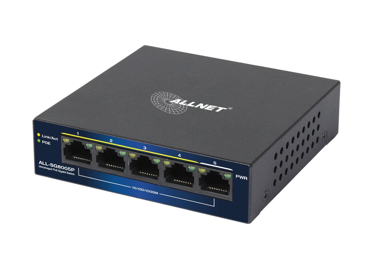 ALLNET Switch unmanaged Layer2 5 Port • 5x 1GbE • PoE Budget 69W • Lüfterlos • ALL-SG8005P ALLNET Switch unmanaged Layer2 5 Port • 5x 1GbE • PoE Budget 69W • Lüfterlos • ALL-SG8005P