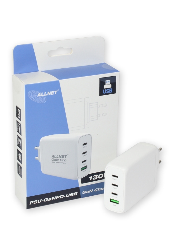 ALLNET Ersatznetzteil QC USB-C PD GaN Netzteil Power Supply 130 Watt 1x USB Typ-A QC, 3x USB Typ-C**EU PLUG** ALLNET Ersatznetzteil QC USB-C PD GaN Netzteil Power Supply 130 Watt 1x USB Typ-A QC, 3x USB Typ-C**EU PLUG**