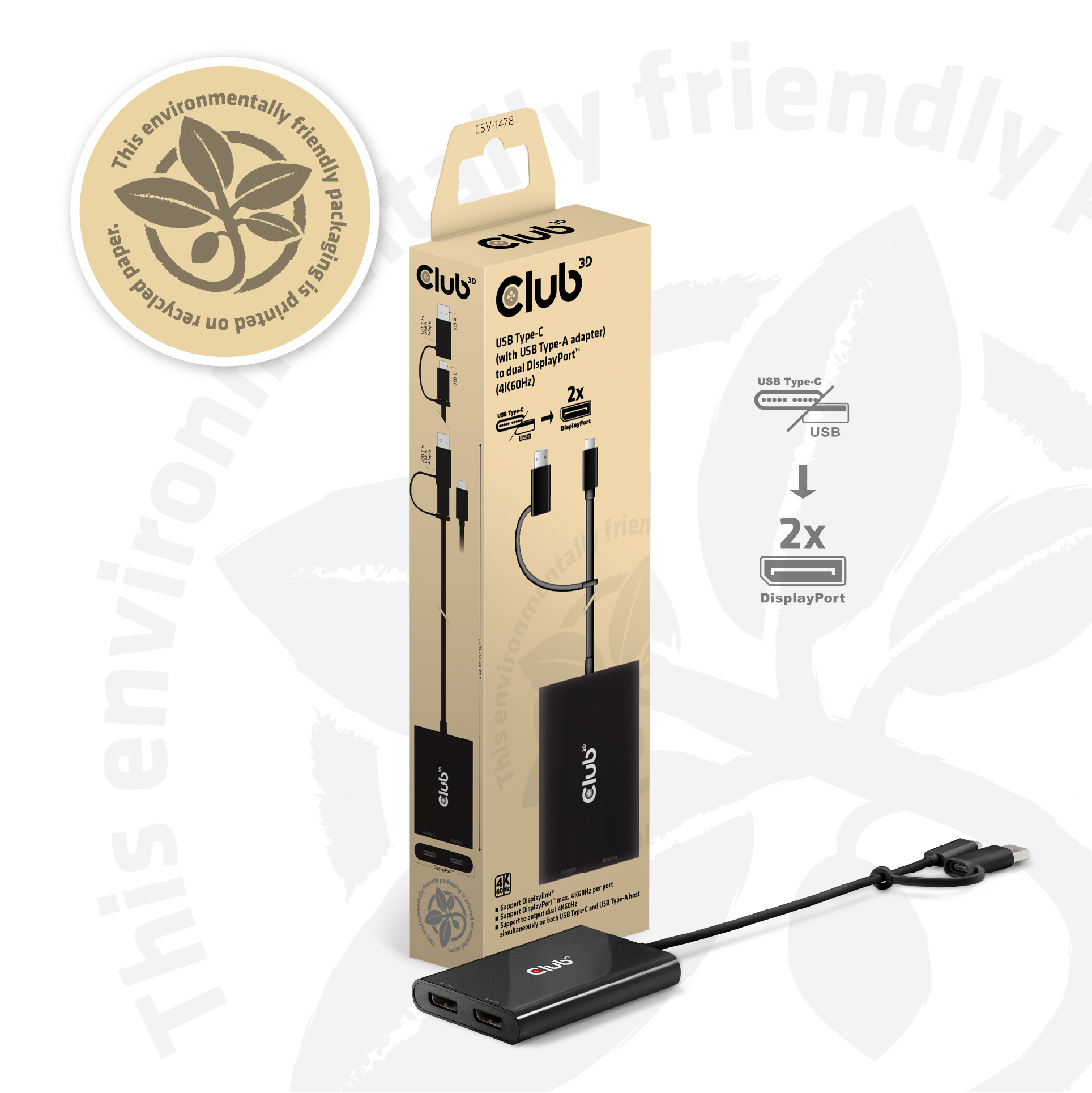 Club 3D Multi Stream Transport Hub USB 3.2 Typ C => 2x DisplayPort 4K60Hz