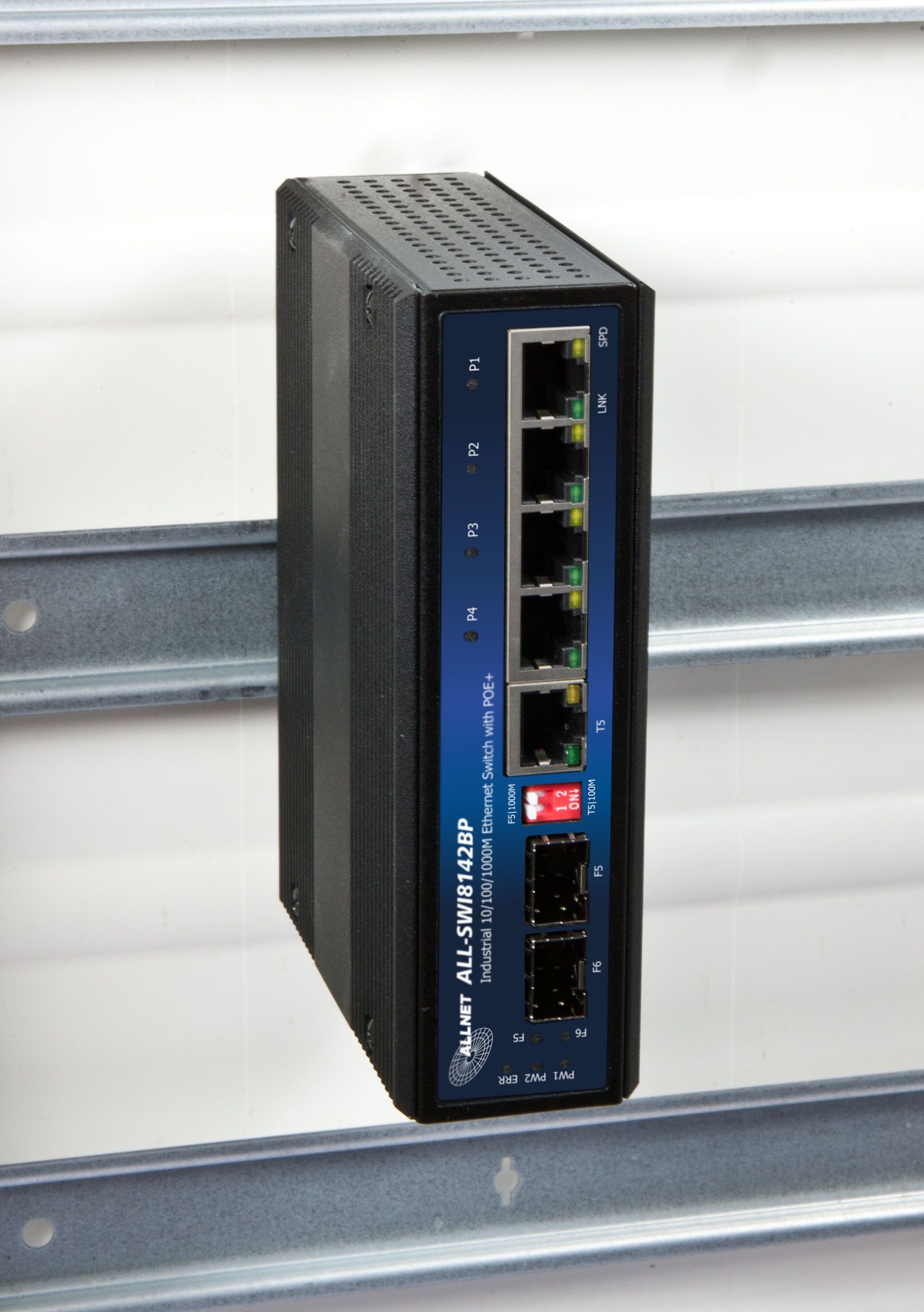 ALLNET Switch unmanaged industrial 4 Port Gigabit 126W / 4x PoE+ / 1x LAN / 1x SFP oder 1x SFP / DIN / Power Booster / "ALL-SWI8142BP"