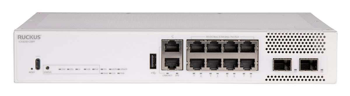 RUCKUS Networks switch full managed layer3 10 port • 8x 1 gbe • poe budget 124 w • 8x poe at • 2x sfp+ • 10" •  icx8200-c08pf