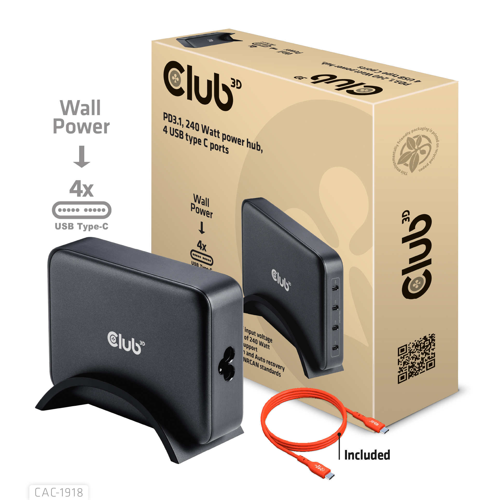 Club3D Netzteil Reiseladegerät 4-fach - 240W - 4x USB-C