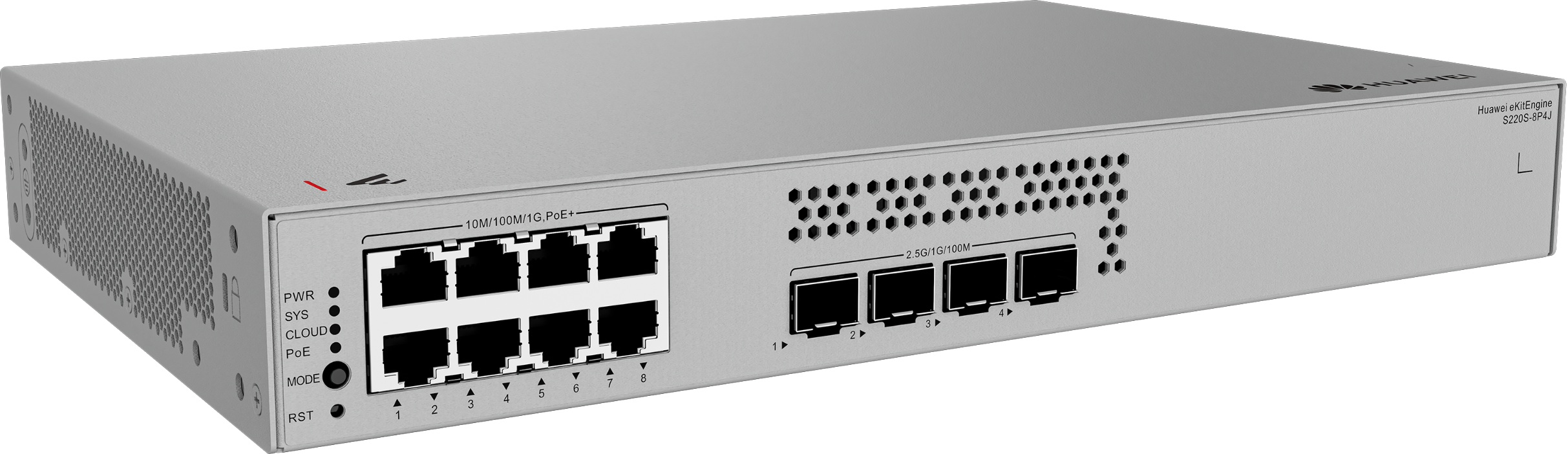 Huawei Switch Full Managed L2 12 Port • 8x GbE • PoE Budget 128W • 8x PoE At • 4x 2,5GbE SFP • S220S-8P4J • EKit