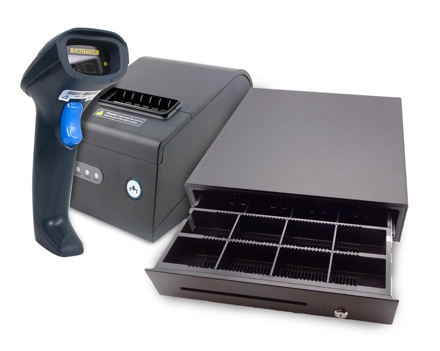 Hardwarebundle: Barcode-Scanner, Kassenlade und Bondrucker Hardwarebundle: Barcode-Scanner, Kassenlade und Bondrucker