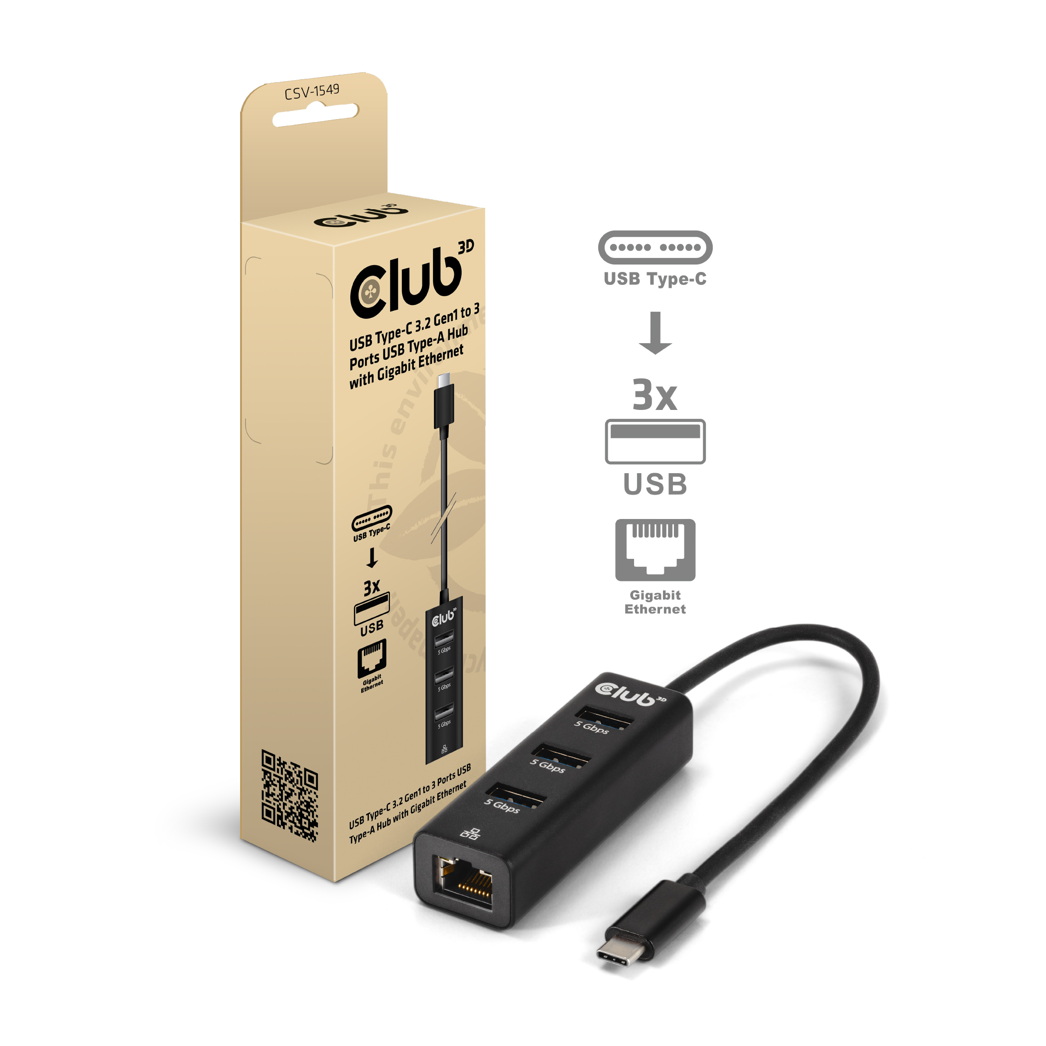 Club 3D Dockingstation - USB 3.2 Gen1 Typ-C, 3 Ports Hub mit Gigabit Ethernet