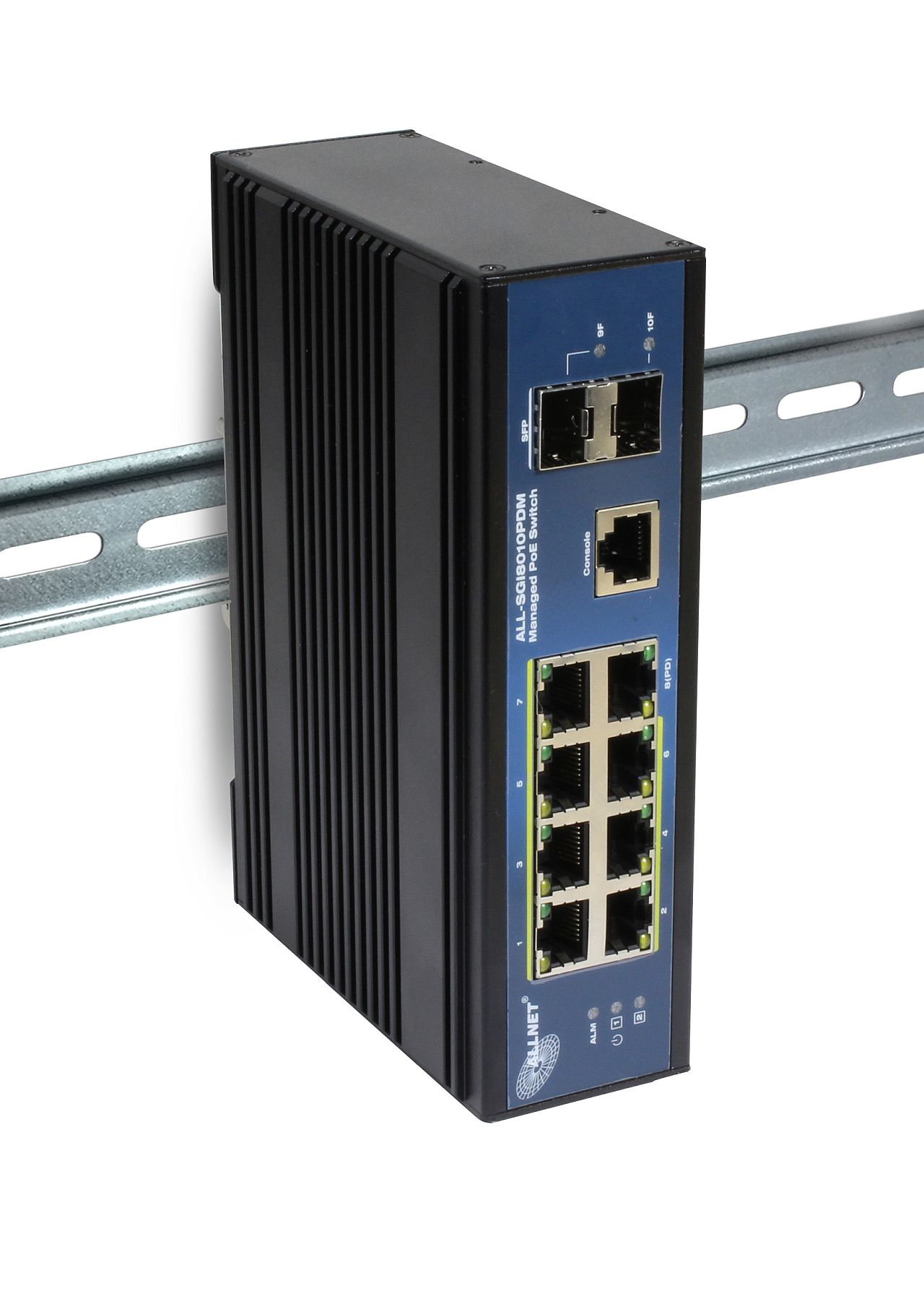 ALLNET Switch industrial full managed Layer2+ 10 Port GbE • PoE Budget 69W (BT) / 210 (DC) • 7x PoE at • 2x SFP • 1x GbE PD • Lüfterlos , IP40 • ALL-SGI8010PDM