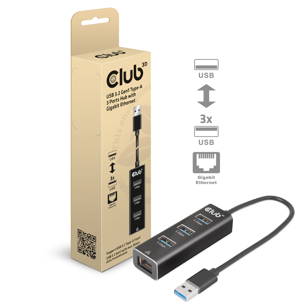 USB Hub 3.0 - 3-Port Hub mit Gigabit Ethernet *Club 3D*