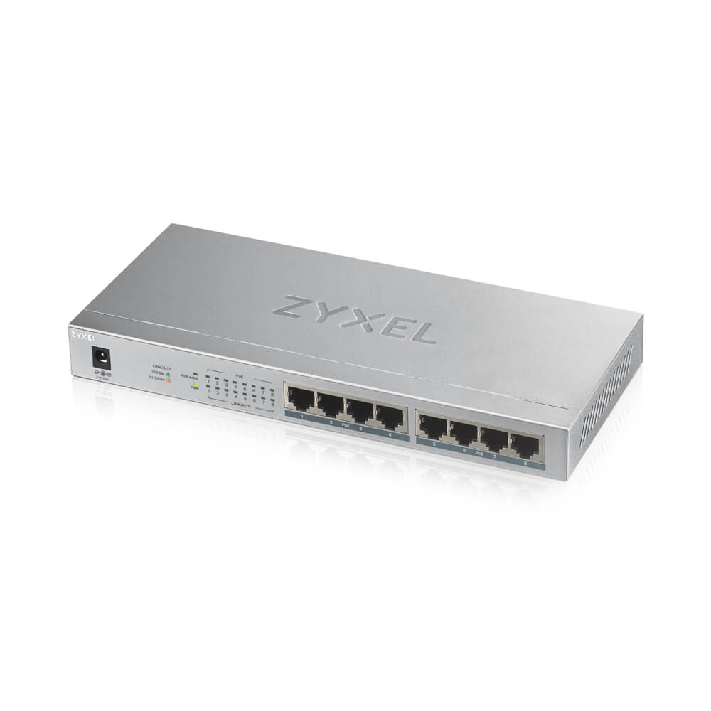 Zyxel Switch unmanaged Layer2 8 Port • 8x 1 GbE • PoE Budget 60 Watt • 8x PoE at • Desktop • Lüfterlos • GS-1008HP Zyxel Switch unmanaged Layer2 8 Port • 8x 1 GbE • PoE Budget 60 Watt • 8x PoE at • Desktop • Lüfterlos • GS-1008HP