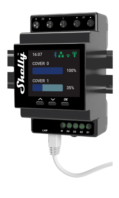 Shelly · Hutschiene · "Pro Dual Cover & Shutter PM" · Relais · max. 32A · 1 Phase · 2 x bidirektionale Motorsteuerung · Messfunktion · WLAN · LAN · BT