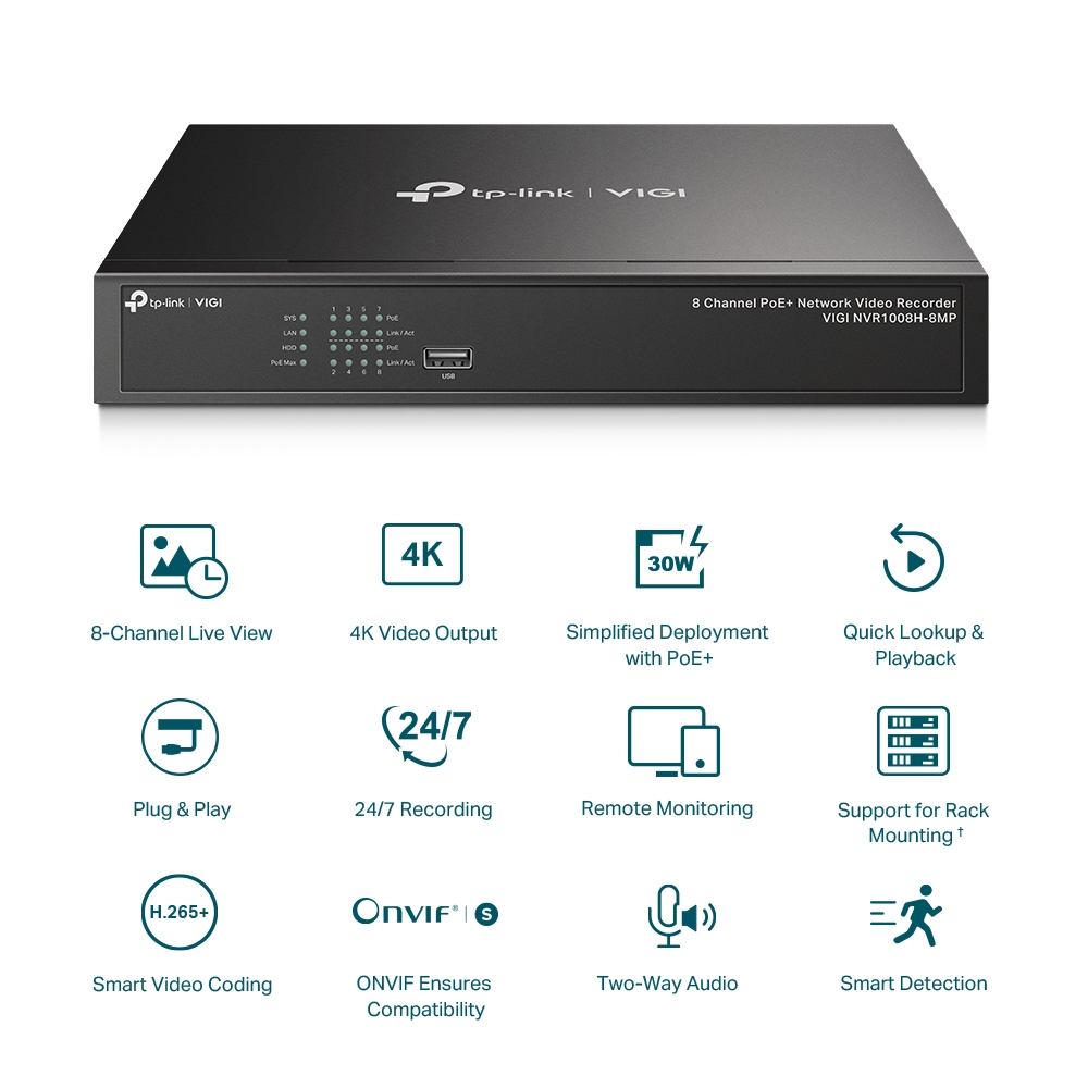 TP-Link - 8 Channel PoE Network Video Recorder - VIGI NVR1008H-8MP