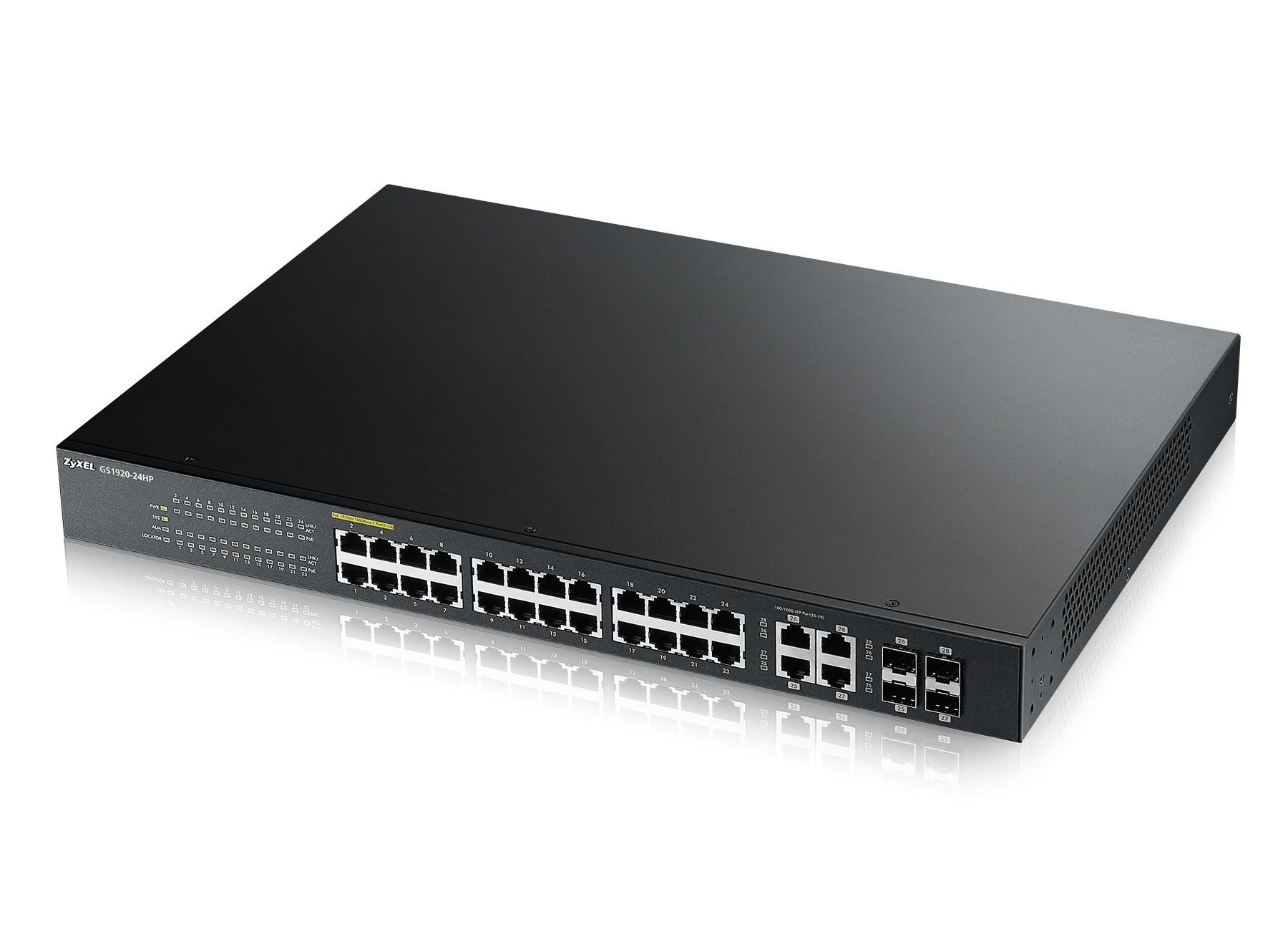 Zyxel Switch smart managed Layer2 28 Port • 24x 1 GbE • PoE Budget 375 Watt • 24x PoE at • 4x 1 Gb Combo • 19" • NebulaFlex • GS1920-24HPV2