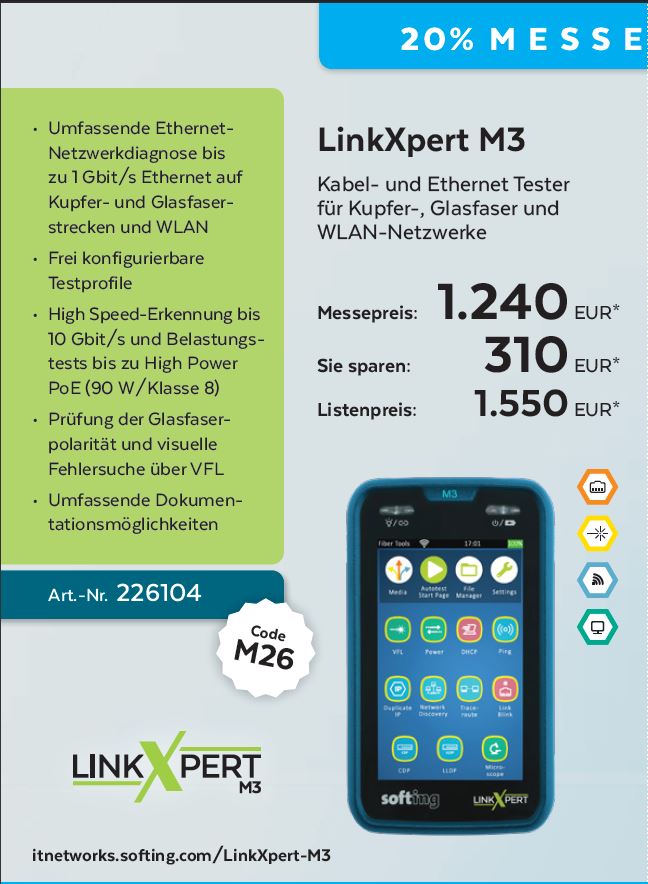 Softing, LinkXpert M3, Kupferkabel, Glasfaserkabel und WLAN Netzwerktester, *MessePromo 08.03.26-30.03.26*,