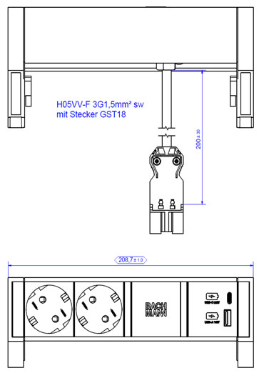 Bachmann Desk2 Steckdosenleiste, 2xDosen(CEE7)+1xUSB A&C 22W Charger mit Zuleitung GST18 0,2m, weiss,