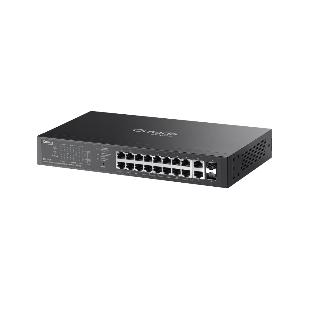 Omada by tp-link Switch easy managed Layer2 20 Port • 18x 1GbE • 16x PoE af • 2x SFP • 150W PoE Budget • Lüfterlos • Omada • ES220GP
