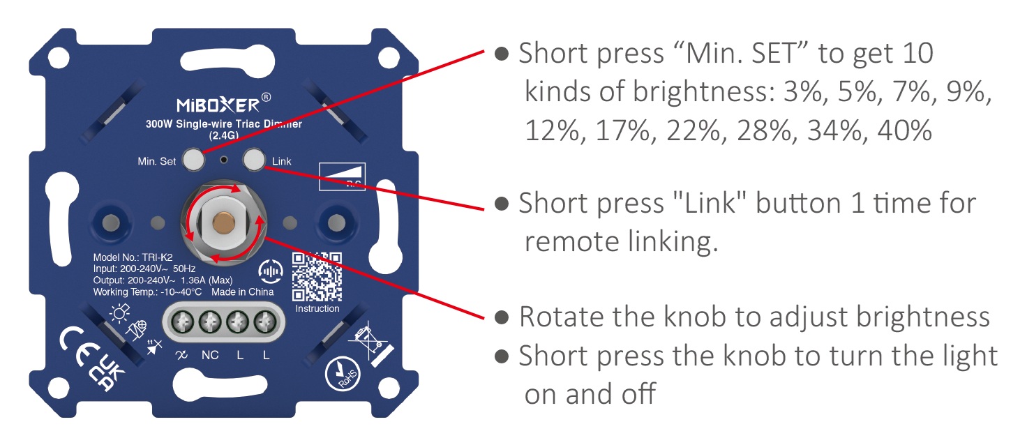MiBoxer TRI-K2 Triac Dimmer 2,4 GHz für LED-Lampen ohne Neutralleiter
