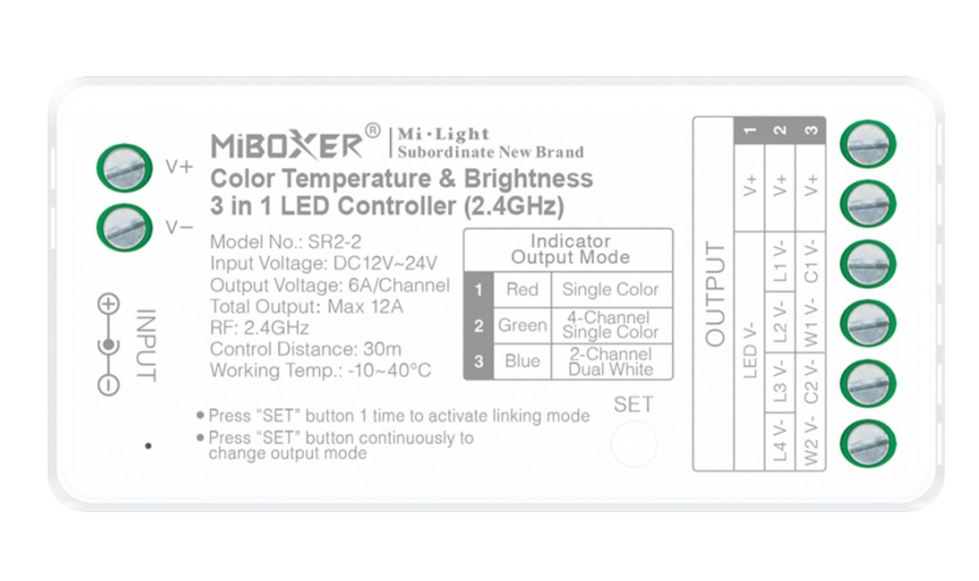 MiBoxer SR2-2 LED Controller 3in1 (Single+CCT(dual white)) DC12/24V 2,4G