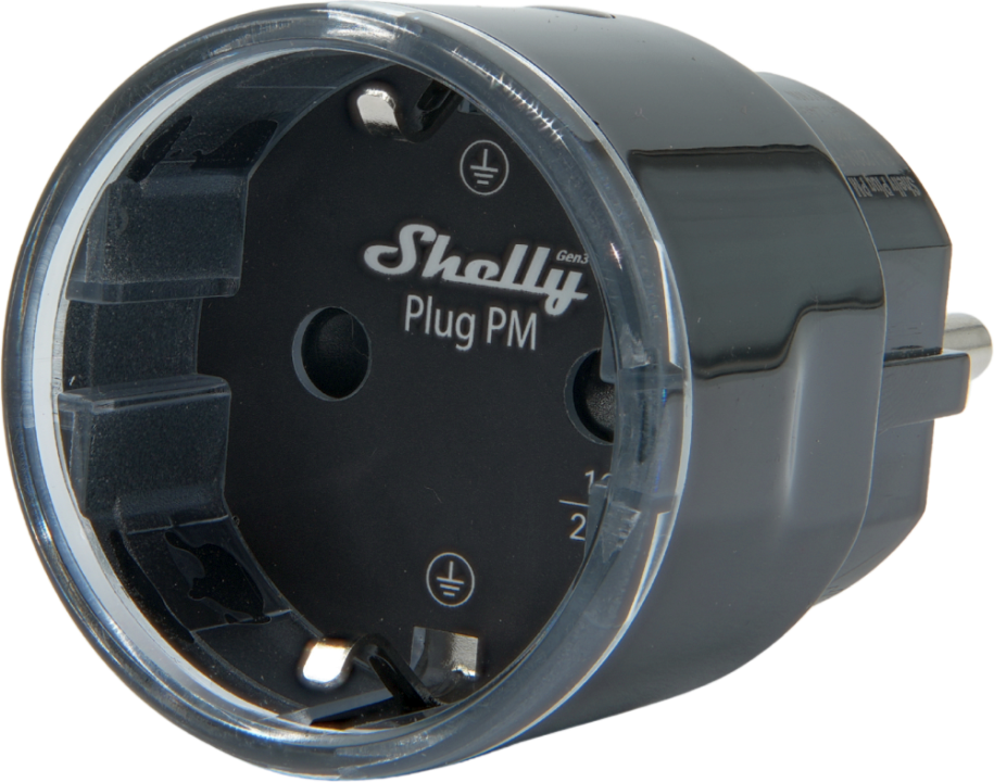 Shelly · Plug & Play "Plug PM Gen3 Black" · Smarter Energiezähler · Messfunktion · WLAN · BT · schwarz