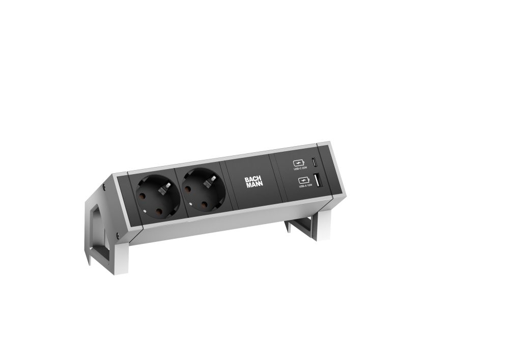 Bachmann Desk2 Steckdosenleiste, 2xDosen(CEE7)+1xUSB A&C 22W Charger mit Zuleitung GST18 0,2m, INOX, Bachmann Desk2 Steckdosenleiste, 2xDosen(CEE7)+1xUSB A&C 22W Charger mit Zuleitung GST18 0,2m, INOX,