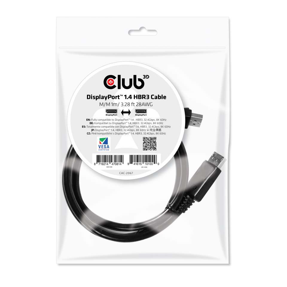 Kabel Video DisplayPort 1.4 HBR3 ST/ST  1,0m 28AWG *Club3D*
