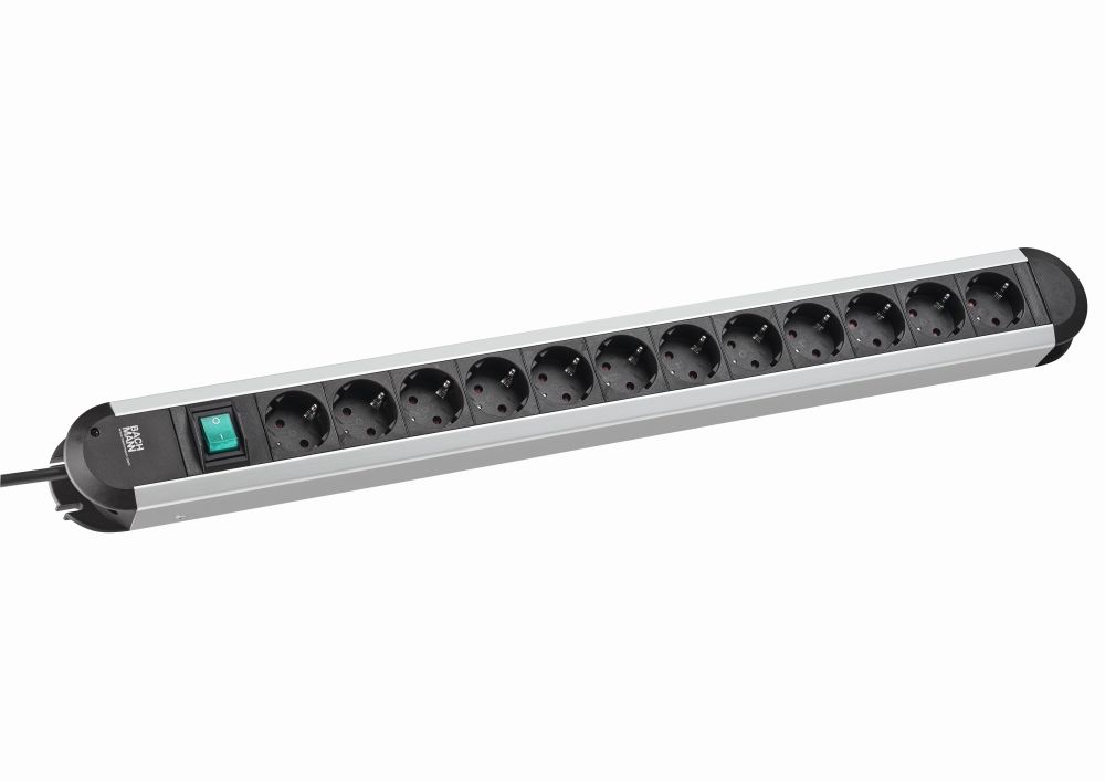 Bachmann Tischsteckdose,12xDosen(CEE7)->Stecker(CEE7), 2m, mit Schalter, Alu/Schwarz, PRIMO-CLASSIC-ALU