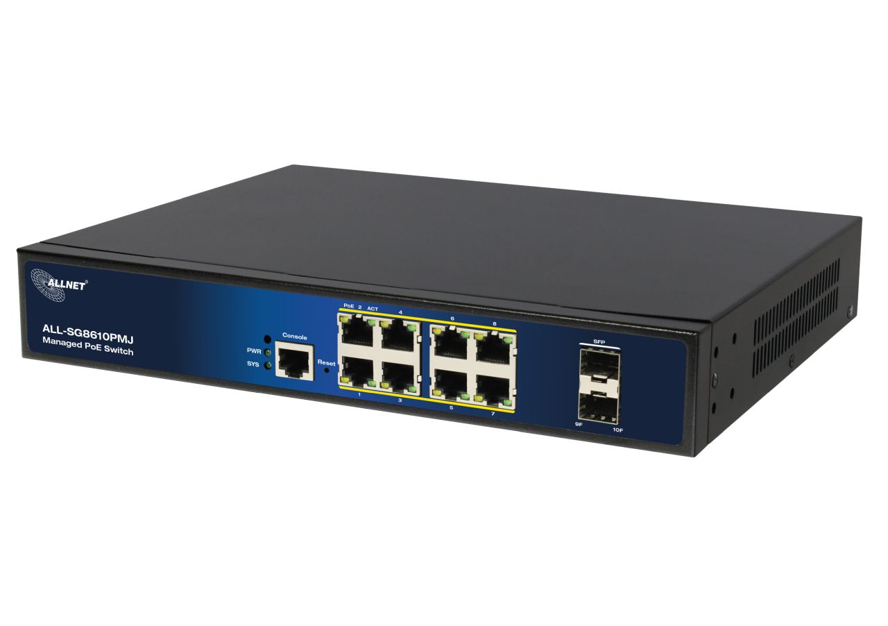 ALLNET Switch full managed Layer2+ 10 Port • 8x GbE • PoE Budget 130W • 8x PoE at • 2x SFP • 19" • Lüfterlos • JSON API • ALL-SG8610PMJ