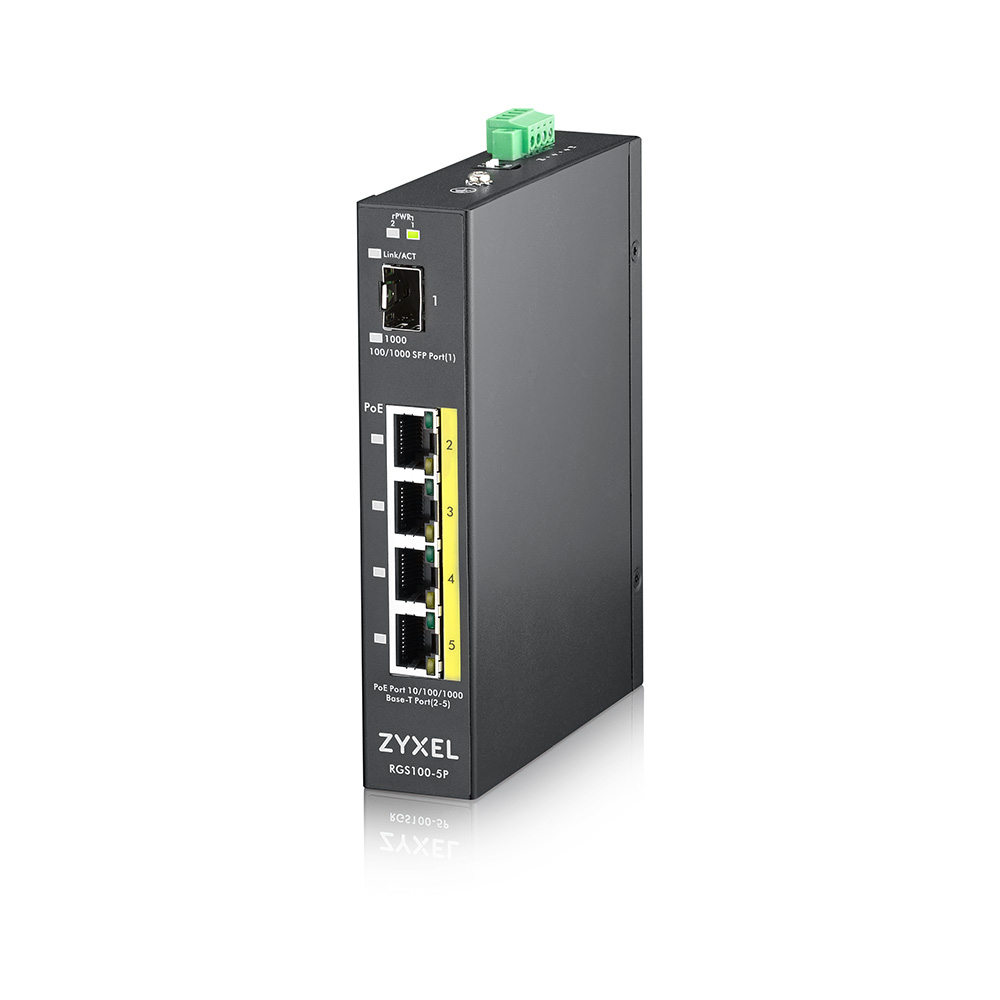 Zyxel Switch unmanaged Layer2 5 Port • 4x 1 GbE • PoE Budget 120 Watt • 4x PoE at • 1x SFP • Industrial  • Lüfterlos • RGS100-5P