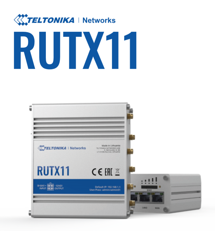 Teltonika · Router · RUTX11 · LTE CAT6 Router WLAN, Dual Band WiFi  (Wave-2 802.11ac), 4x Gigabit LAN Port, Bluetooth, 2 SIM, USB, GNSS, M2M Teltonika · Router · RUTX11 · LTE CAT6 Router WLAN, Dual Band WiFi  (Wave-2 802.11ac), 4x Gigabit LAN Port, Bluetooth, 2 SIM, USB, GNSS, M2M
