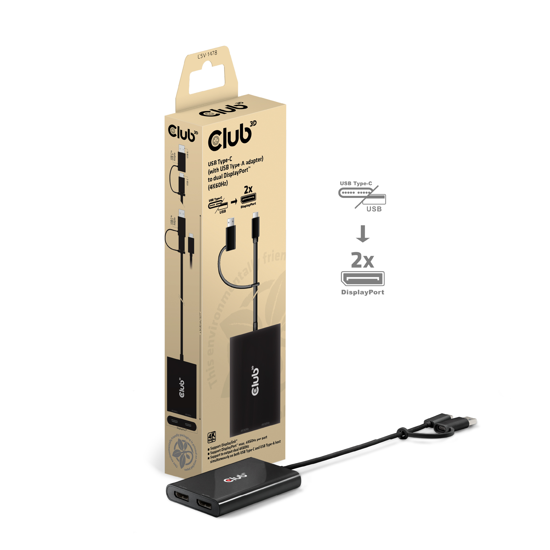 Club 3D Multi Stream Transport Hub USB 3.2 Typ C => 2x DisplayPort 4K60Hz