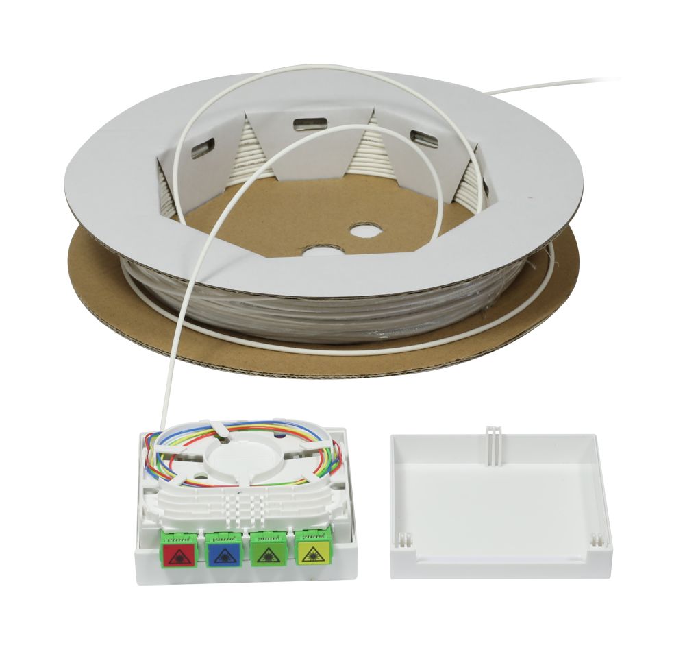 LWL-FTTH Compact Box vorkonfektioniert,  4xSC/APC -> open End, 20m,  9/125u, G.657.A2, 4-Faser, OD=2,2mm, Synergy 21