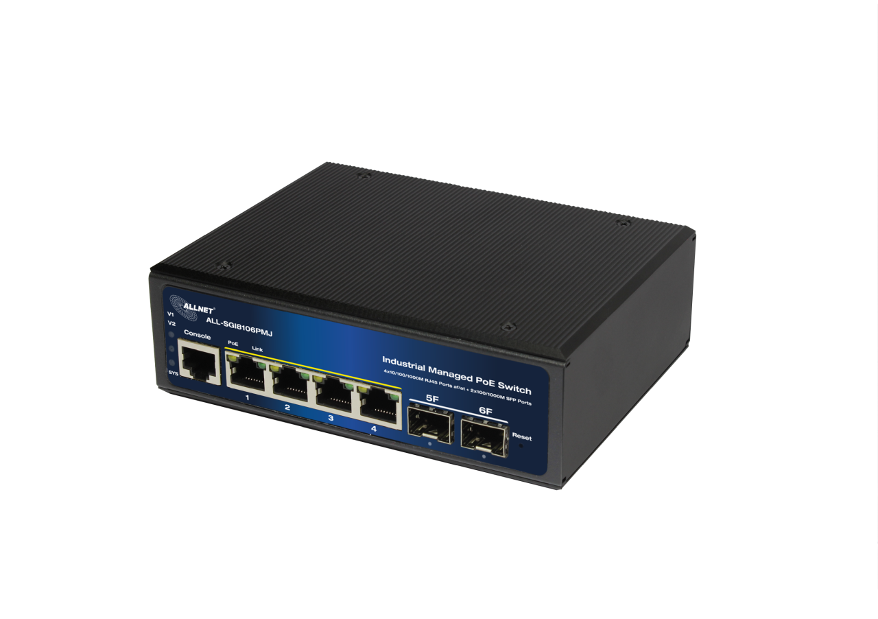 ALLNET Switch industrial full managed Layer2+  6 Port GbE • PoE Budget 120W • 4x PoE at • 2x SFP • Lüfterlos • DIN • JSON • ALL-SGI8106PMJ