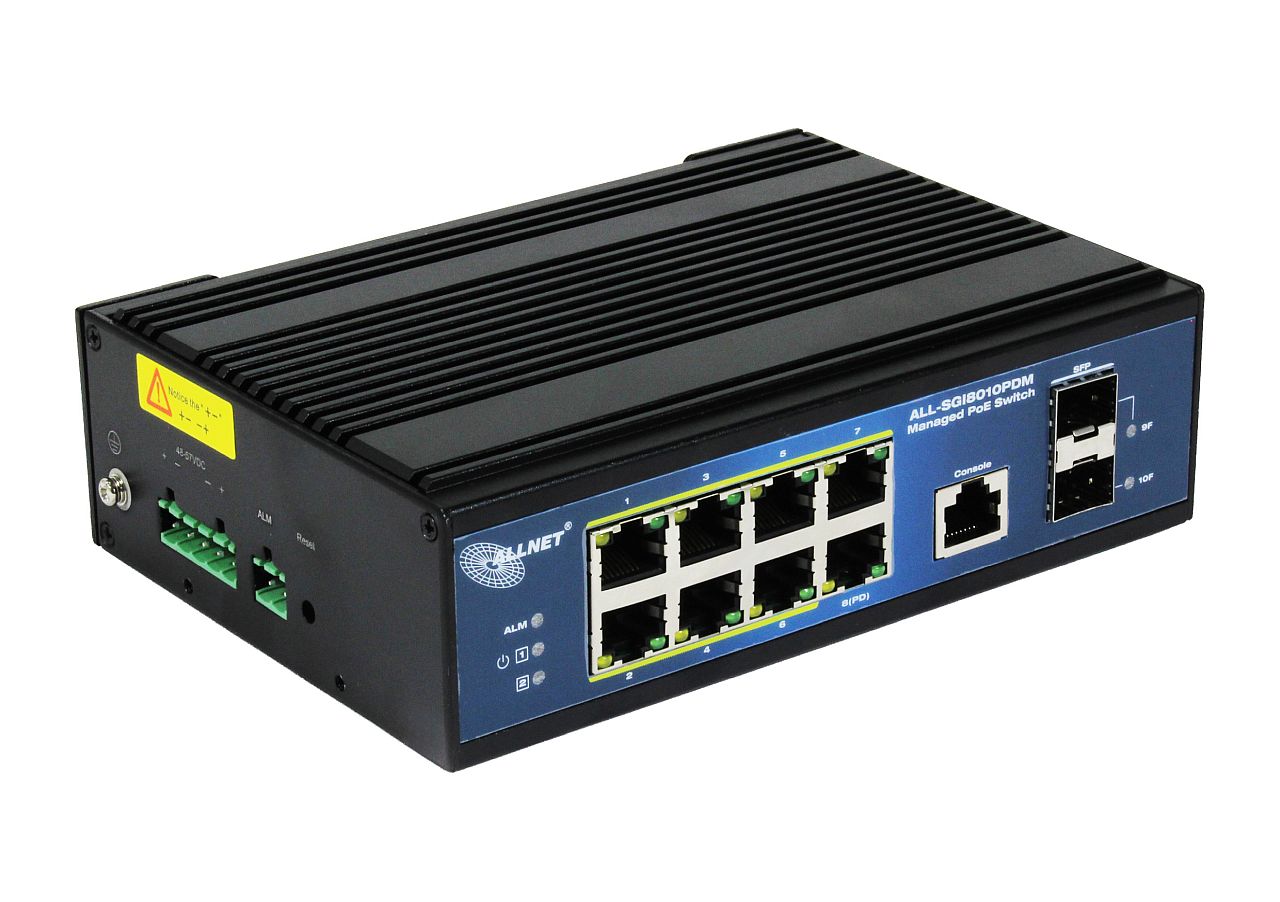 ALLNET Switch industrial full managed Layer2+ 10 Port GbE • PoE Budget 69W (BT) / 210 (DC) • 7x PoE at • 2x SFP • 1x GbE PD • Lüfterlos , IP40 • ALL-SGI8010PDM