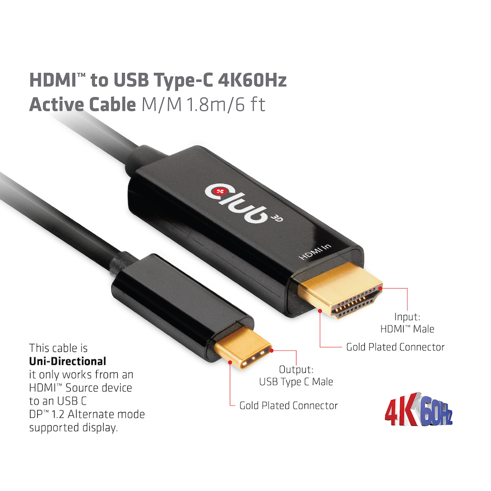 Kabel Video HDMI => USB Typ C 4K60Hz ST/ST  1,8m *Club3D* aktiv