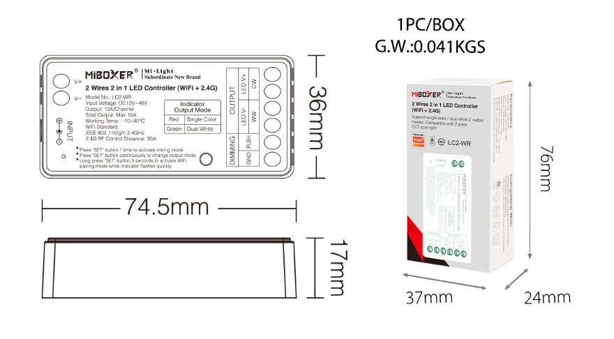 Synergy 21 LED Controller single+CCT(dual white) (2 wires) wifi+2,4G *Milight/Miboxer*