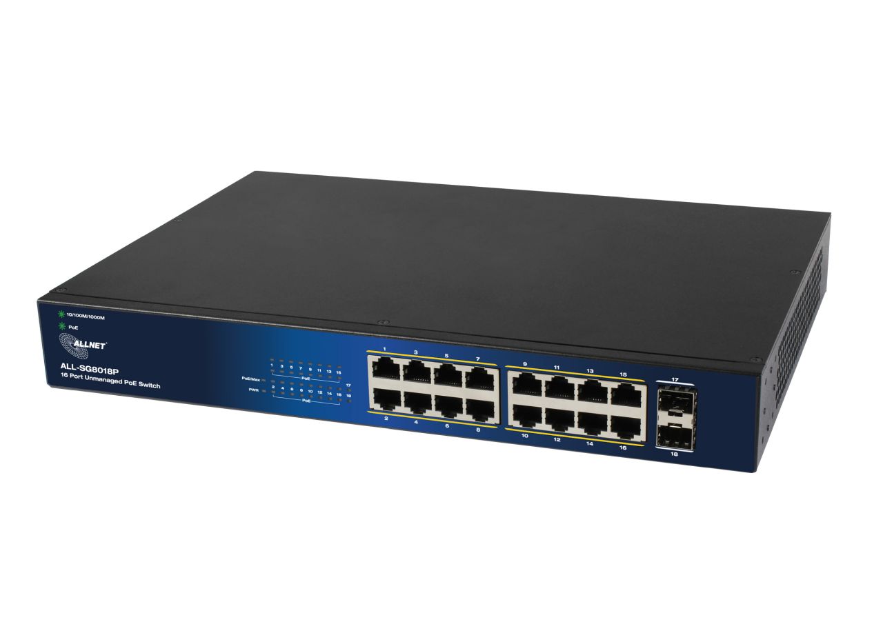 ALLNET Switch unmanaged Layer2 18 Port • PoE Budget 240W • 16x PoE at • 2x SFP •  19" • Lüfterlos • ALL-SG8018P