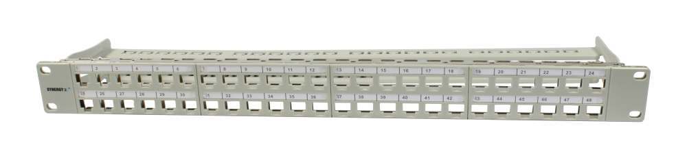 Patch Panel 48xTP,CAT6A, incl.Keystone Slim-line/Short mit Staubschutzklappe, 19", 1HE(t95mm), Lichtgrau, Synergy 21,