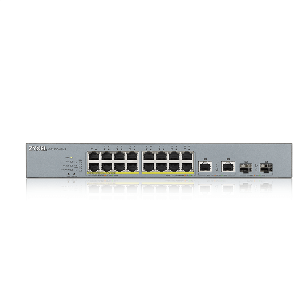 Zyxel Switch smart managed Layer2 18 Port • 16x 1 GbE • PoE Budget 250 Watt • 16x PoE at • 2x 1 Gb Combo • 19" • GS1350-18HP