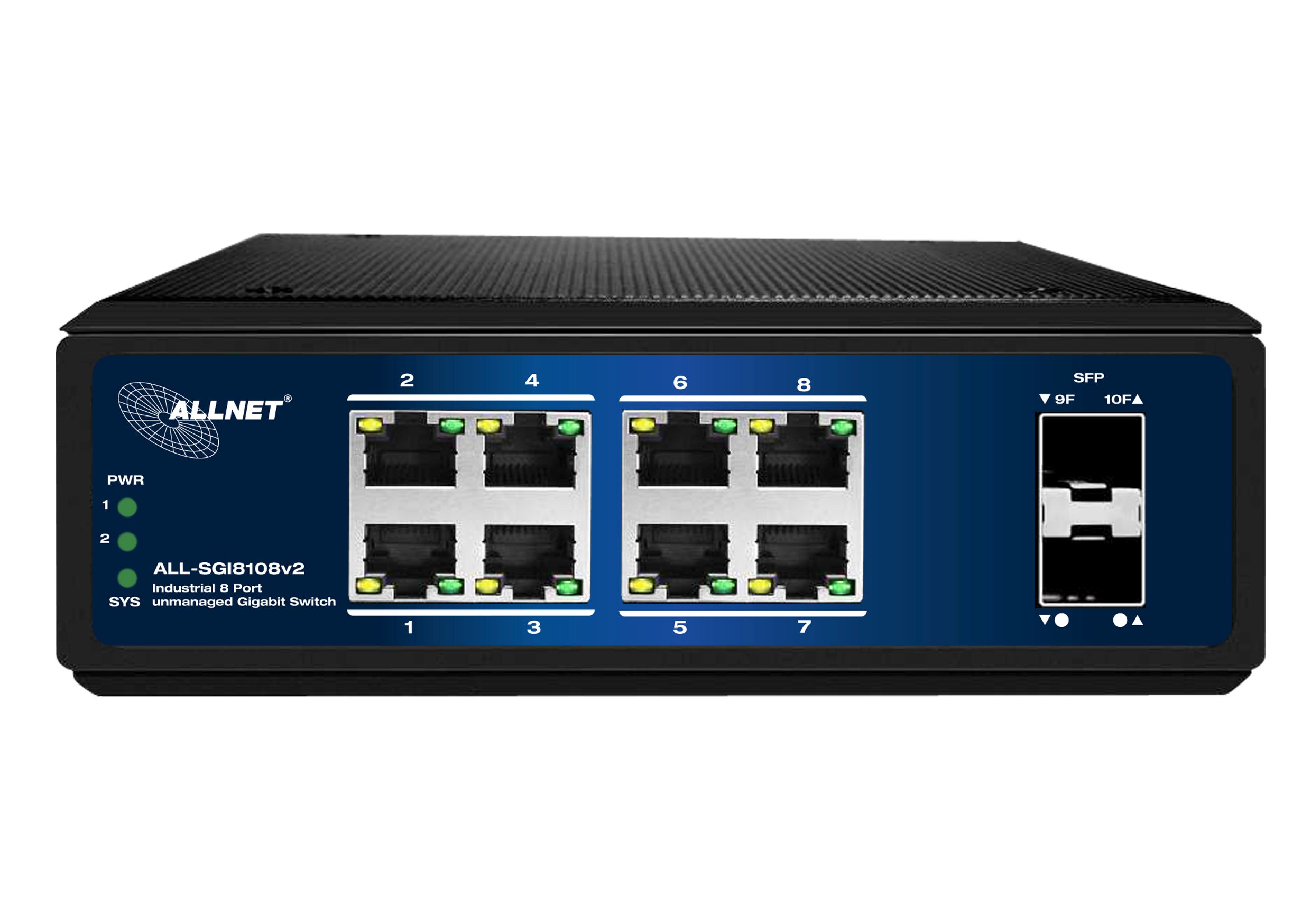 ALLNET Switch industrial unmanaged Layer2 10 Port GbE • 8x GbE • 2x SFP • Lüfterlos • DIN • IP40 • ALL-SGI8108v2 ALLNET Switch industrial unmanaged Layer2 10 Port GbE • 8x GbE • 2x SFP • Lüfterlos • DIN • IP40 • ALL-SGI8108v2