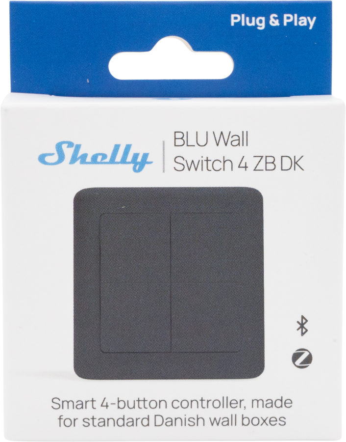 Shelly · Plug & Play · "BLU Wall Switch 4 ZB DK" · Wandtaster · 4-fach · 16 Aktionen · Grau