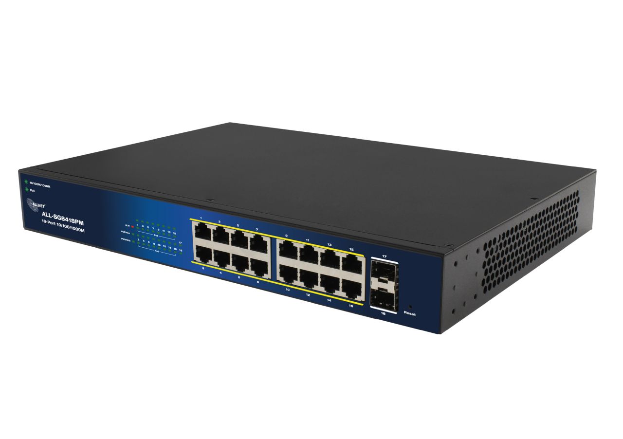 ALLNET Switch smart managed Layer2 18 Port Gigabit • 18x GbE • PoE Budget 240W • 16x PoE at • 2x SFP • 19" • Lüfterlos • ALL-SG8418PM