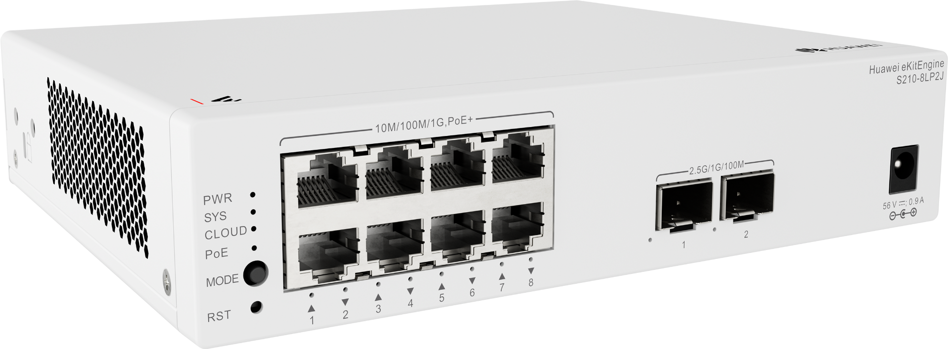 Huawei Switch Full Managed L2 10 Port • 8x GbE • PoE Budget 32W • 8x PoE At • 2x 2,5GbE SFP • S210-8LP2J • EKit