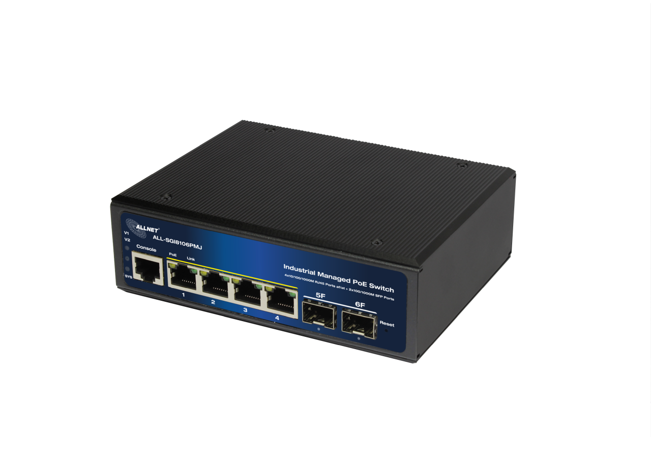 ALLNET Switch industrial full managed Layer2+  6 Port GbE • PoE Budget 360W • 4x PoE bt • 2x SFP • Lüfterlos • DIN • ALL-SGI8106PMJ-BT ALLNET Switch industrial full managed Layer2+  6 Port GbE • PoE Budget 360W • 4x PoE bt • 2x SFP • Lüfterlos • DIN • ALL-SGI8106PMJ-BT
