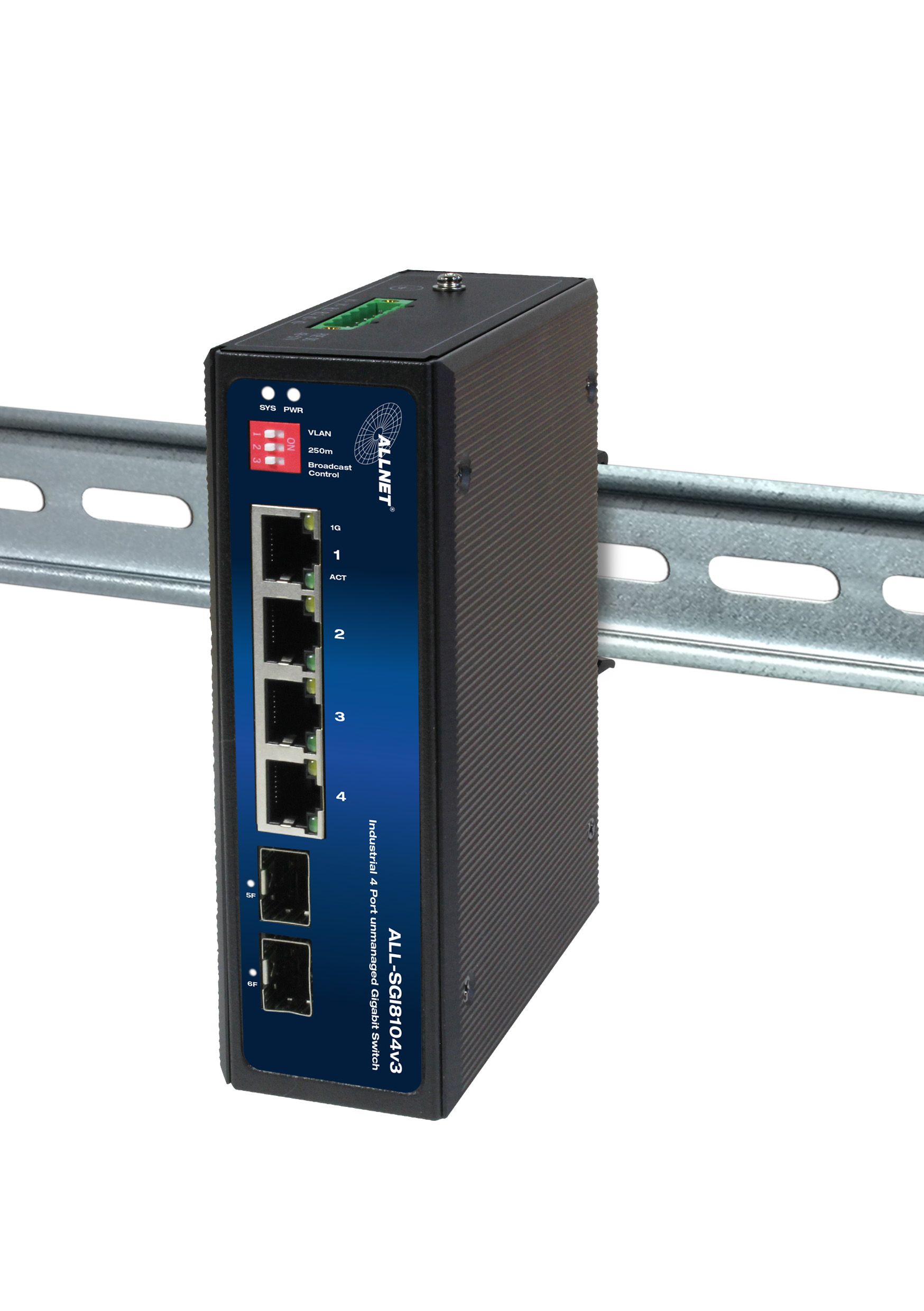 ALLNET Switch industrial unmanaged Layer2  6 Port GbE • 4x GbE • 2x SFP • Lüfterlos , IP40 • ALL-SGI8104v3