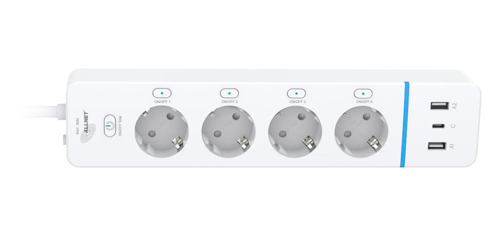 ALLNET ESP32 WiFi Schaltsteckdosenleiste ALL3079-4 Smart Plug 4Fach Steckdosenleiste / 2x USB-A & 1x USB C Ladefunktion