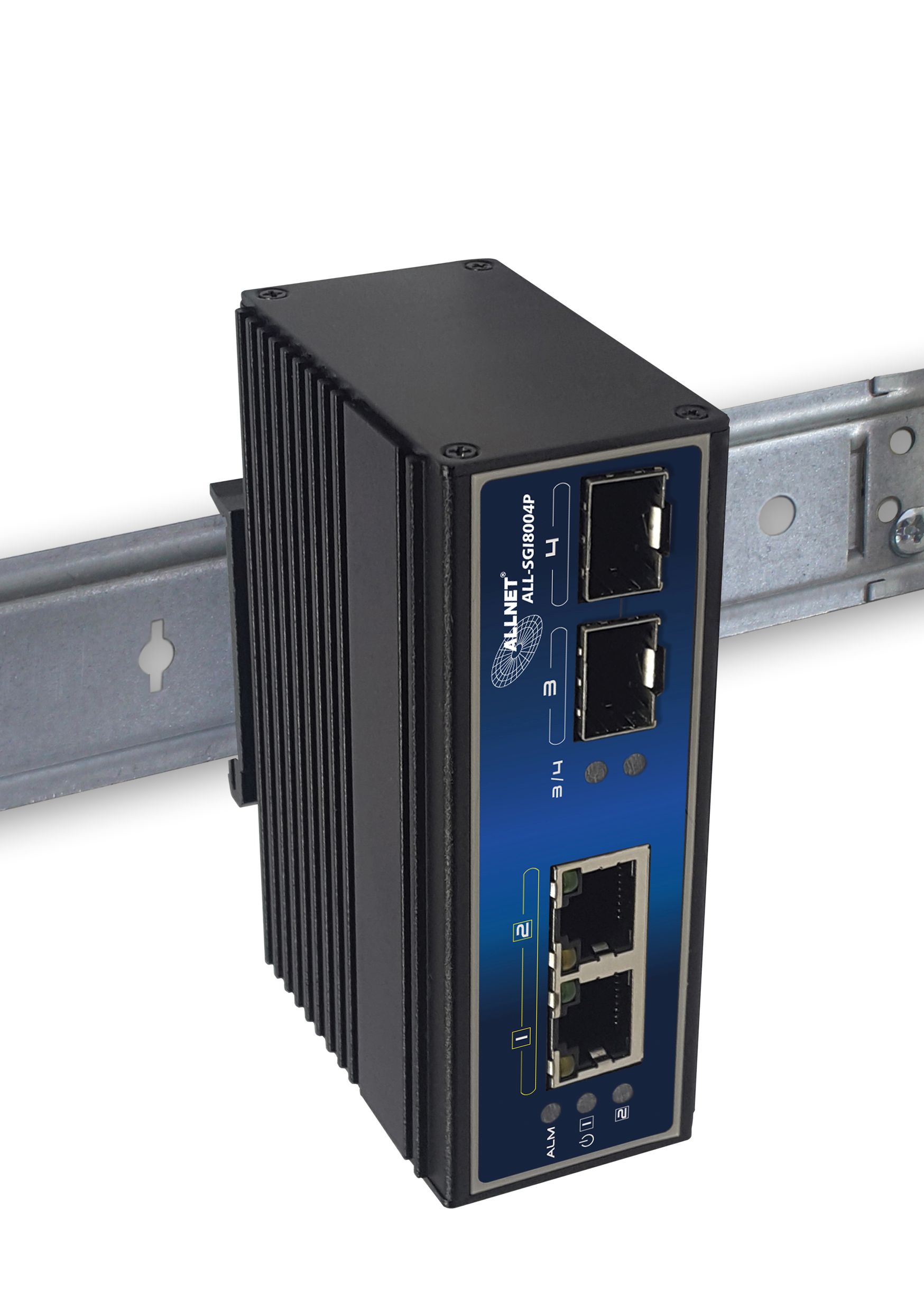 ALLNET switch industrial unmanaged Layer2  4 Port GbE • PoE Budget 180W • 2x PoE bt • 2x SFP • Lüfterlos • DIN • ALL-SGI8004P